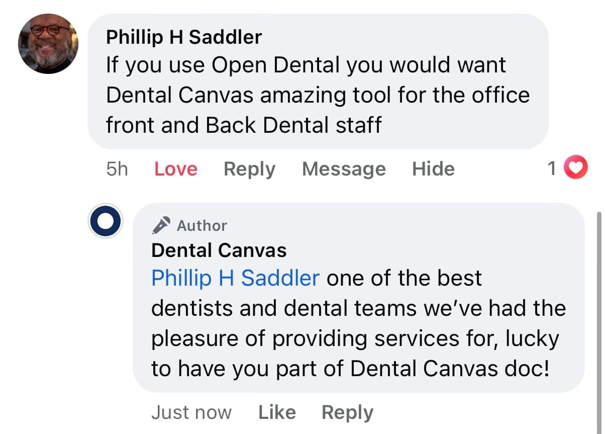 Screenshot of Dr. Phillip Saddler's comment on the Dental Canvas Facebook page